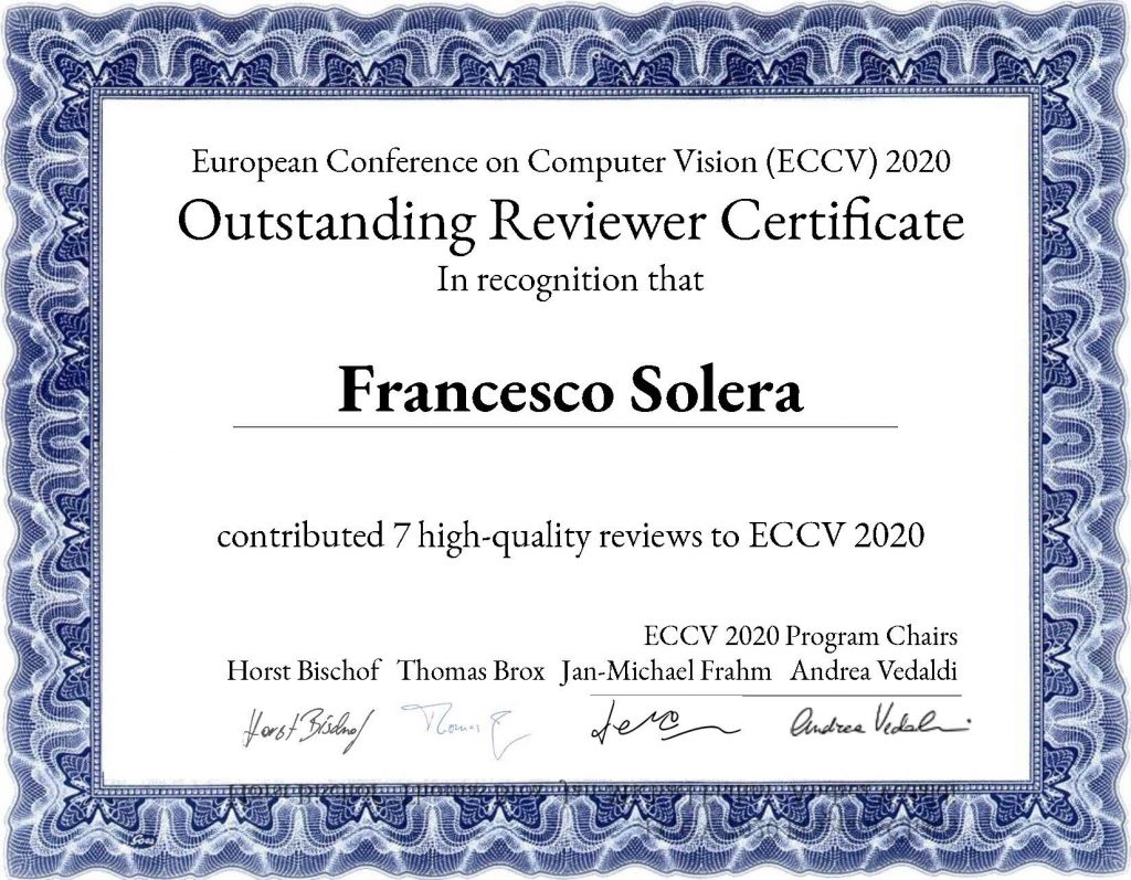 Outstanding Reviewer Certificate for ECCV2020